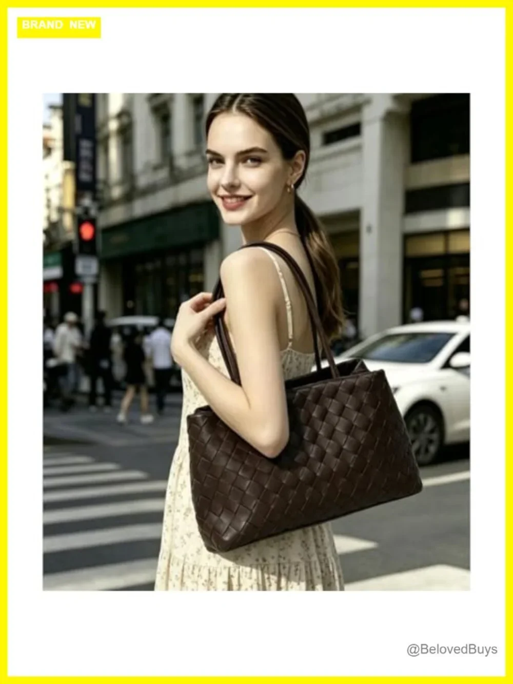 Woven Tote Bag, Vegan Leather Shoulder Bag with Zipper, Slouchy Handbag